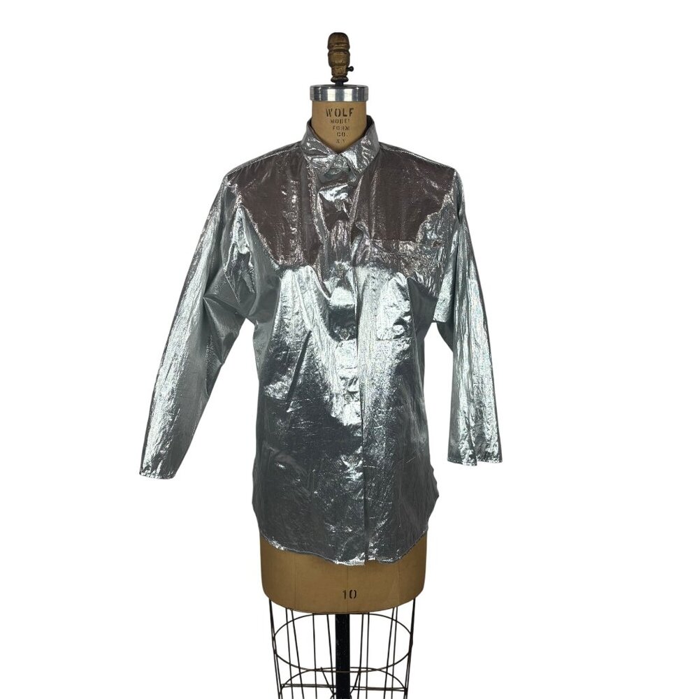 Vintage 80s Silver Shirt Womens L Metallic Button Down Long Sleeve Oversize Top